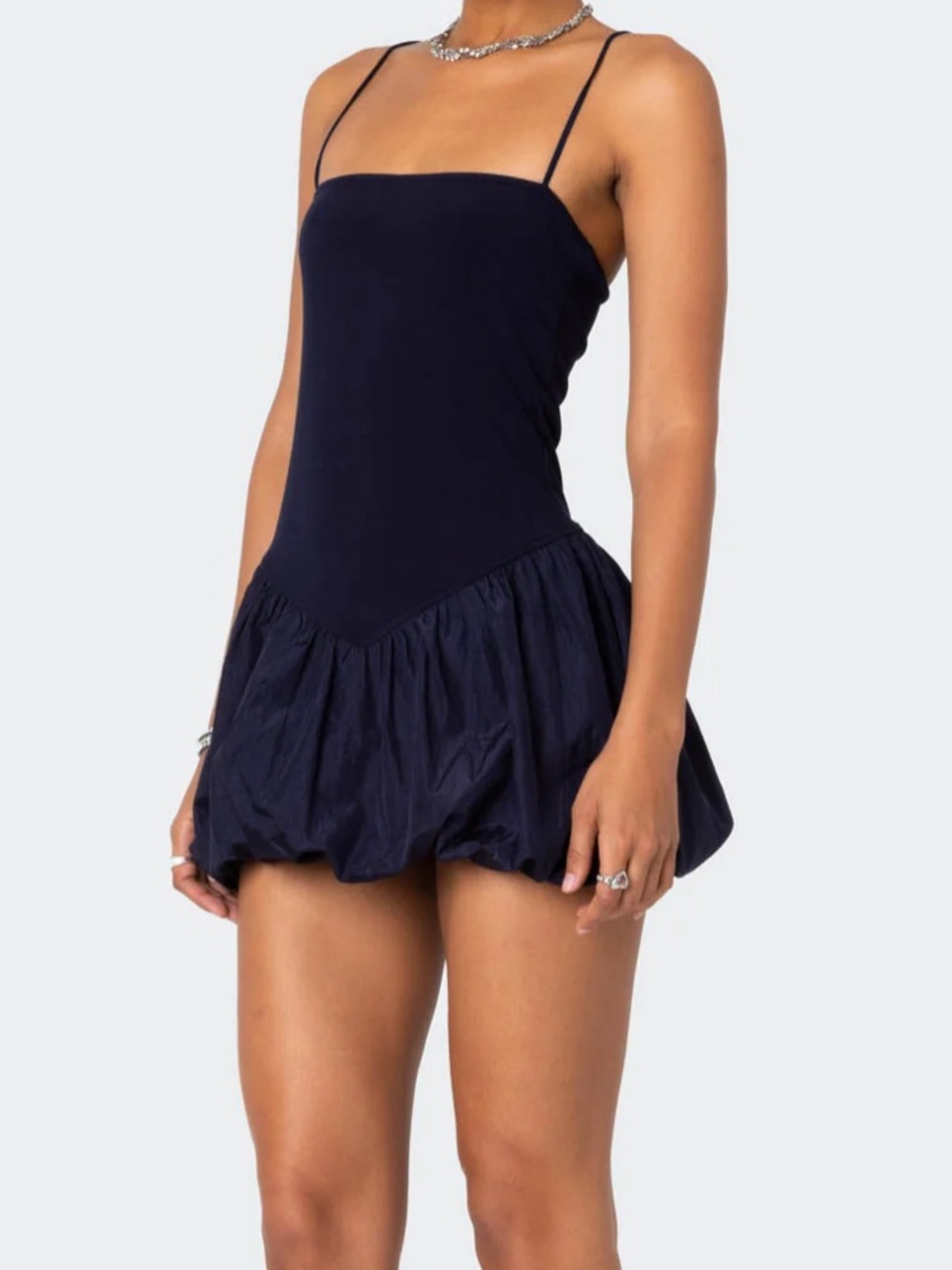 Edikted Navy Spaghetti Strap Bubble Hem Mini Dress